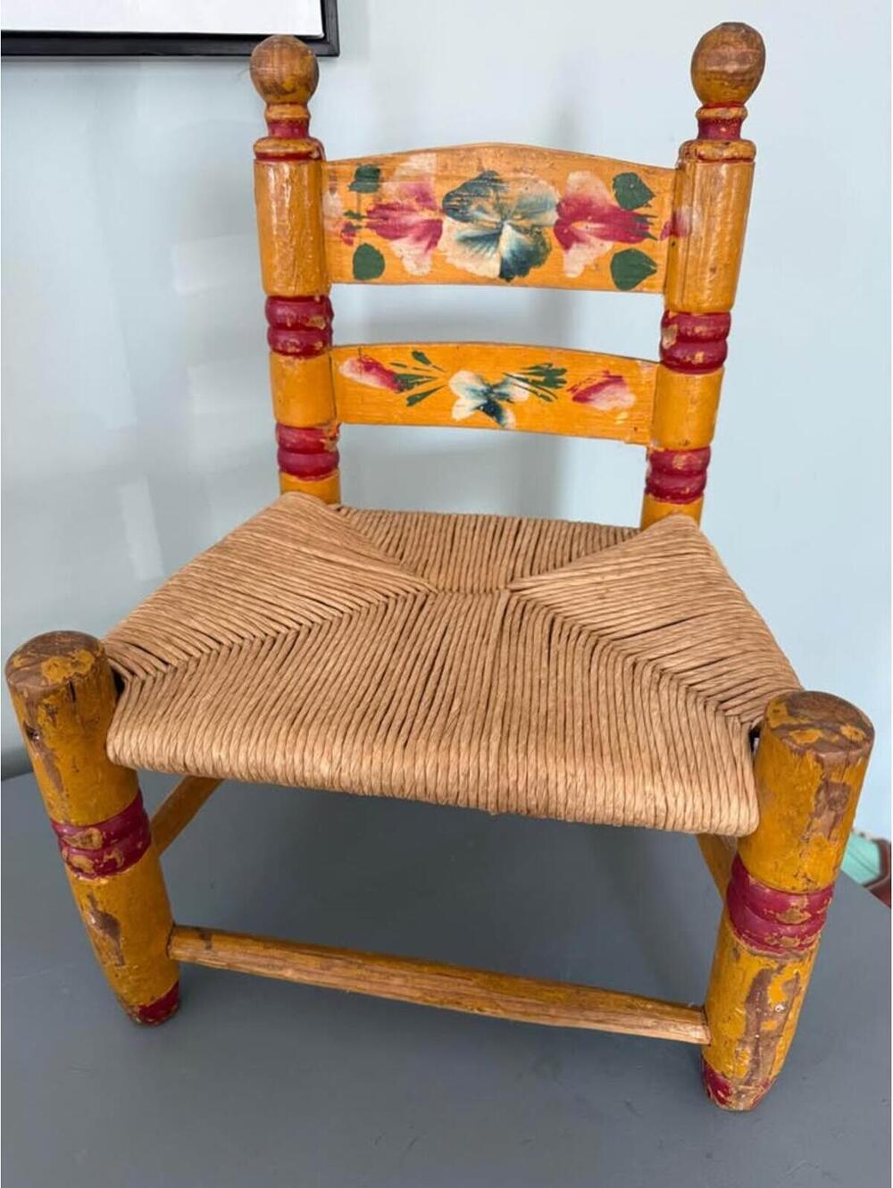 Vintage Hand-Painted Floral doll/decor Chair Woven Seat